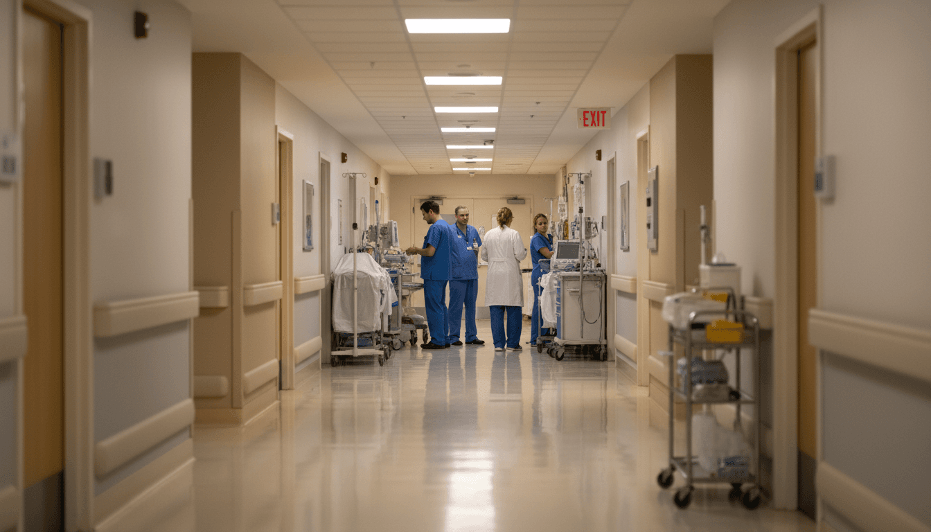 Hospital corridor with professional staff conducting operations, showcasing a calm and organized healthcare environment