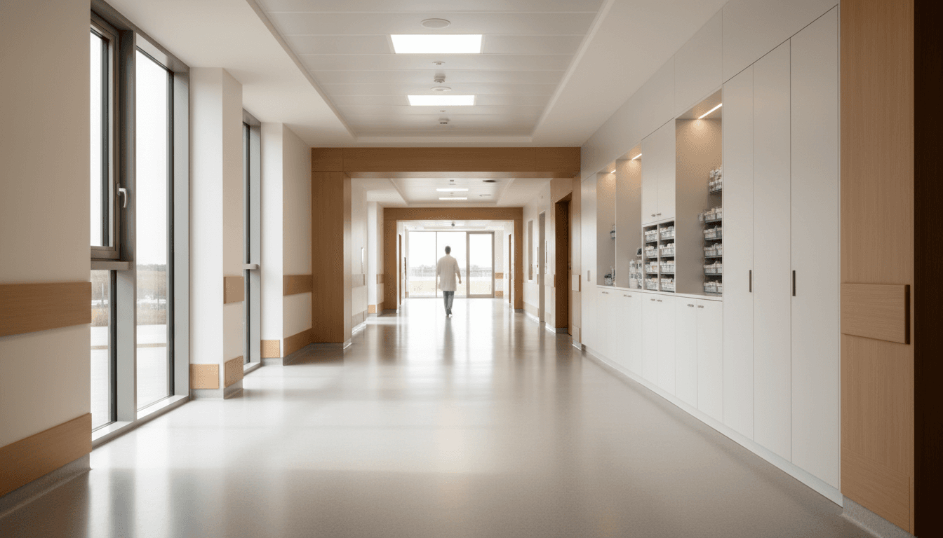 Modern hospital corridor with natural light and professional healthcare worker