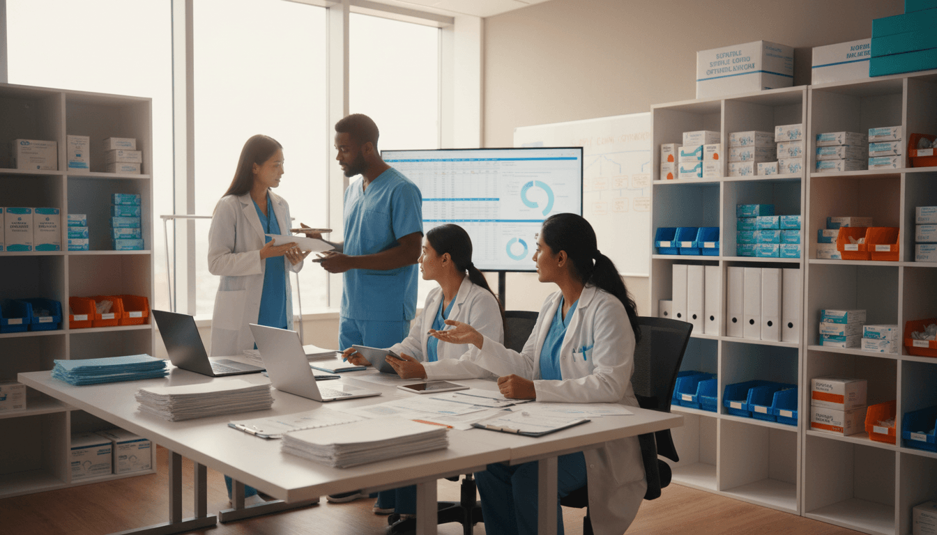 Diverse healthcare professionals working together in a véyn health procurement office, reviewing medical supplies and equipment specifications