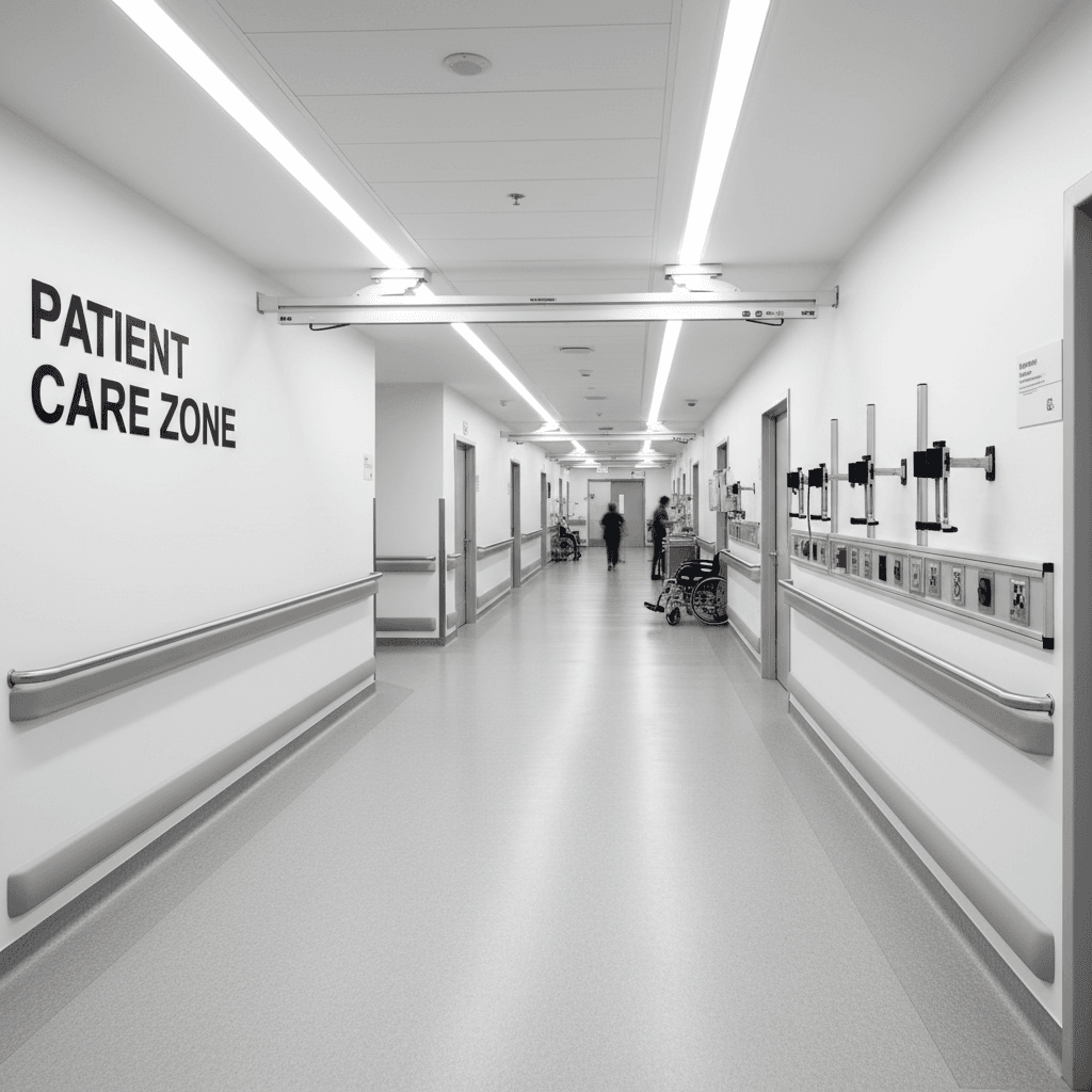 Wall rail systems and clinical support infrastructure in hospital corridor