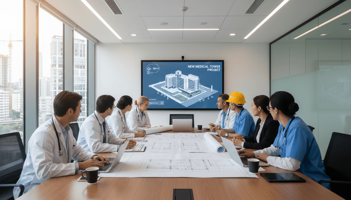 Professional healthcare team collaborating on institutional project planning and implementation strategy