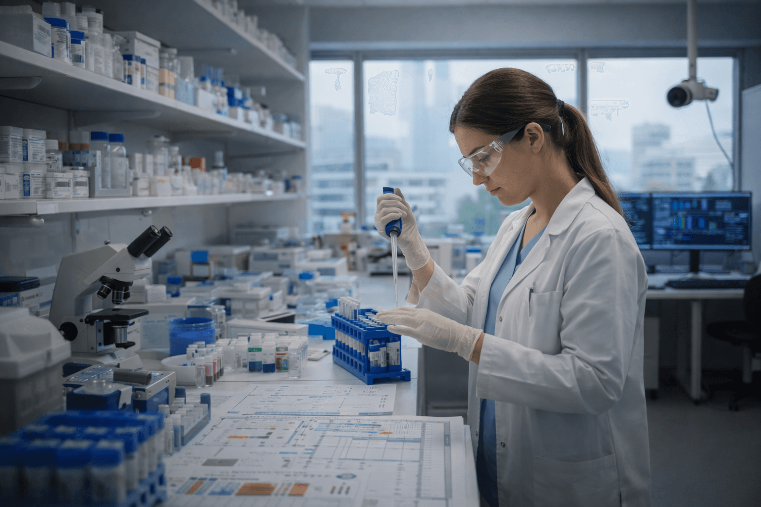 Female scientist in lab coat using a pipette to fill test tubes in a laboratory.