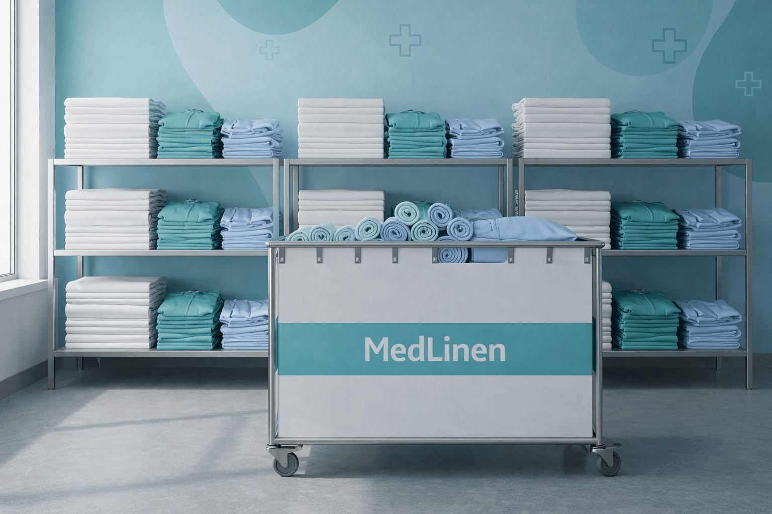 MedLinen laundry cart filled with blue towels before shelves of neatly folded medical linens.
