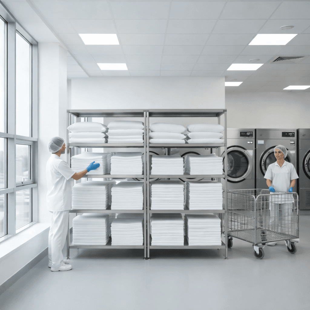 Workers in white uniforms organize stacks of clean linens in a bright laundry facility.