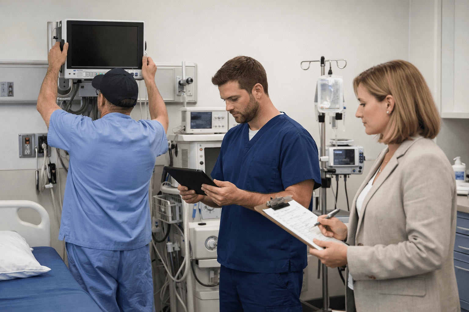 Medical professionals in a hospital room adjusting equipment, using a tablet, and writing notes.