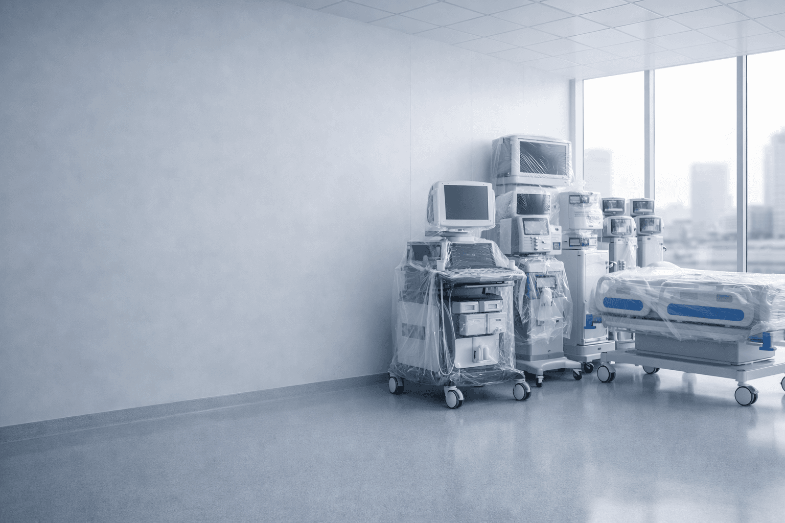 New medical equipment and a hospital bed covered in plastic wrap in a sterile room.