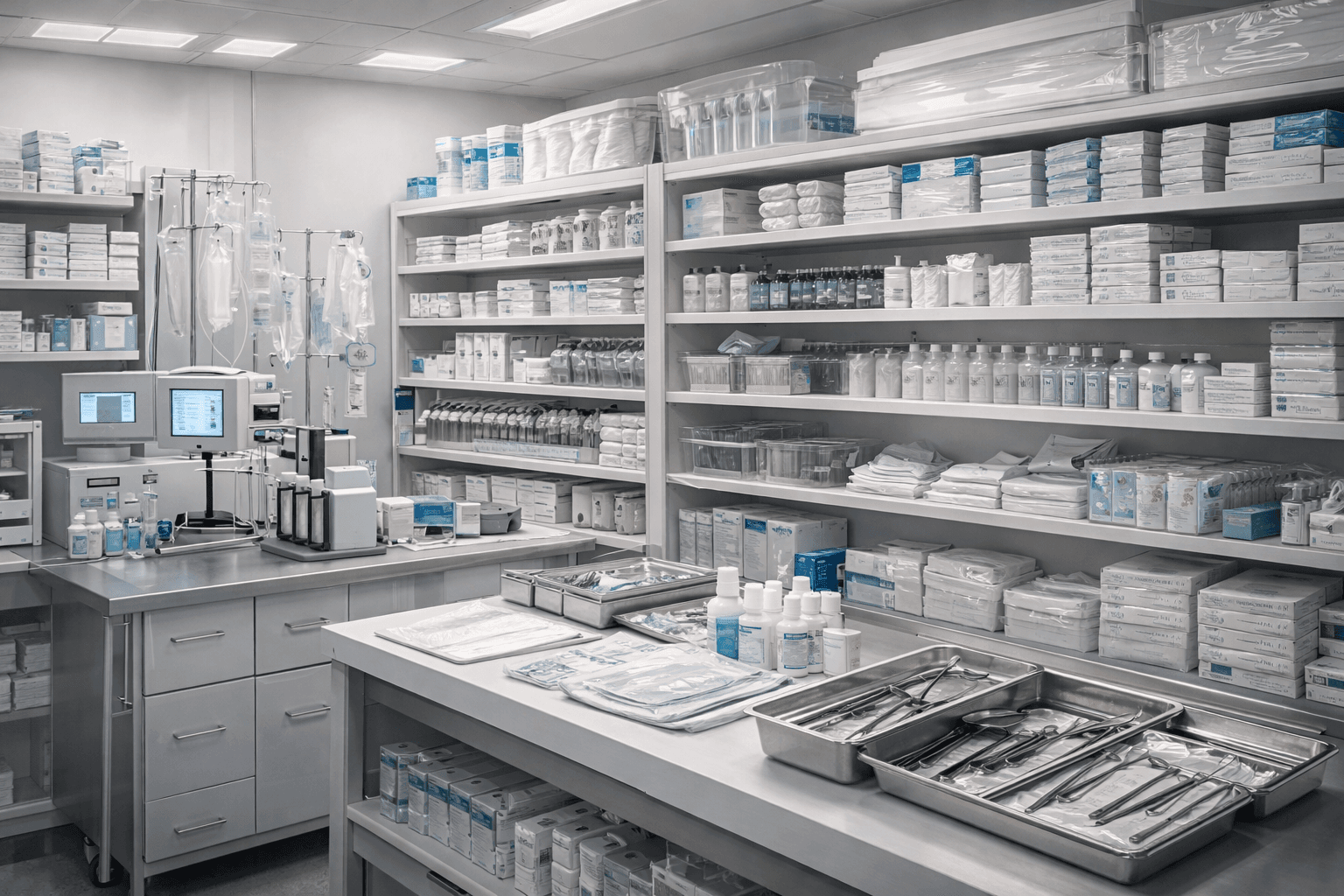 Sterile hospital supply room with shelves of medical equipment, IV bags, and surgical instrument trays.