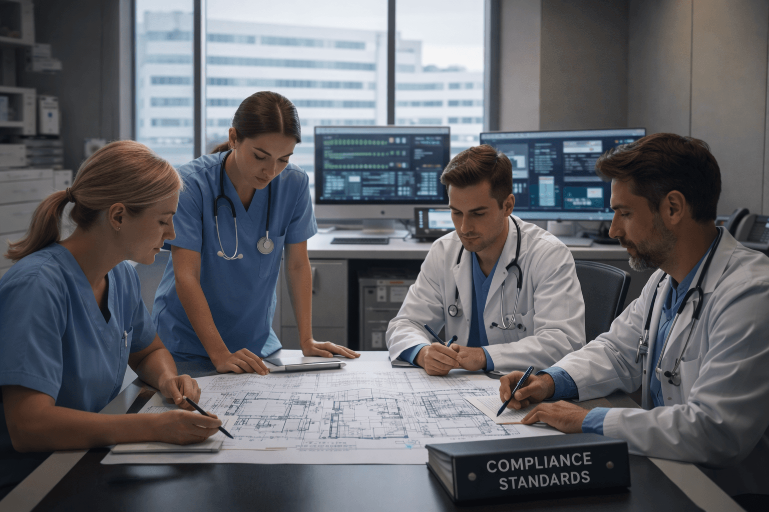 Medical professionals review architectural blueprints at a table with a compliance standards binder.