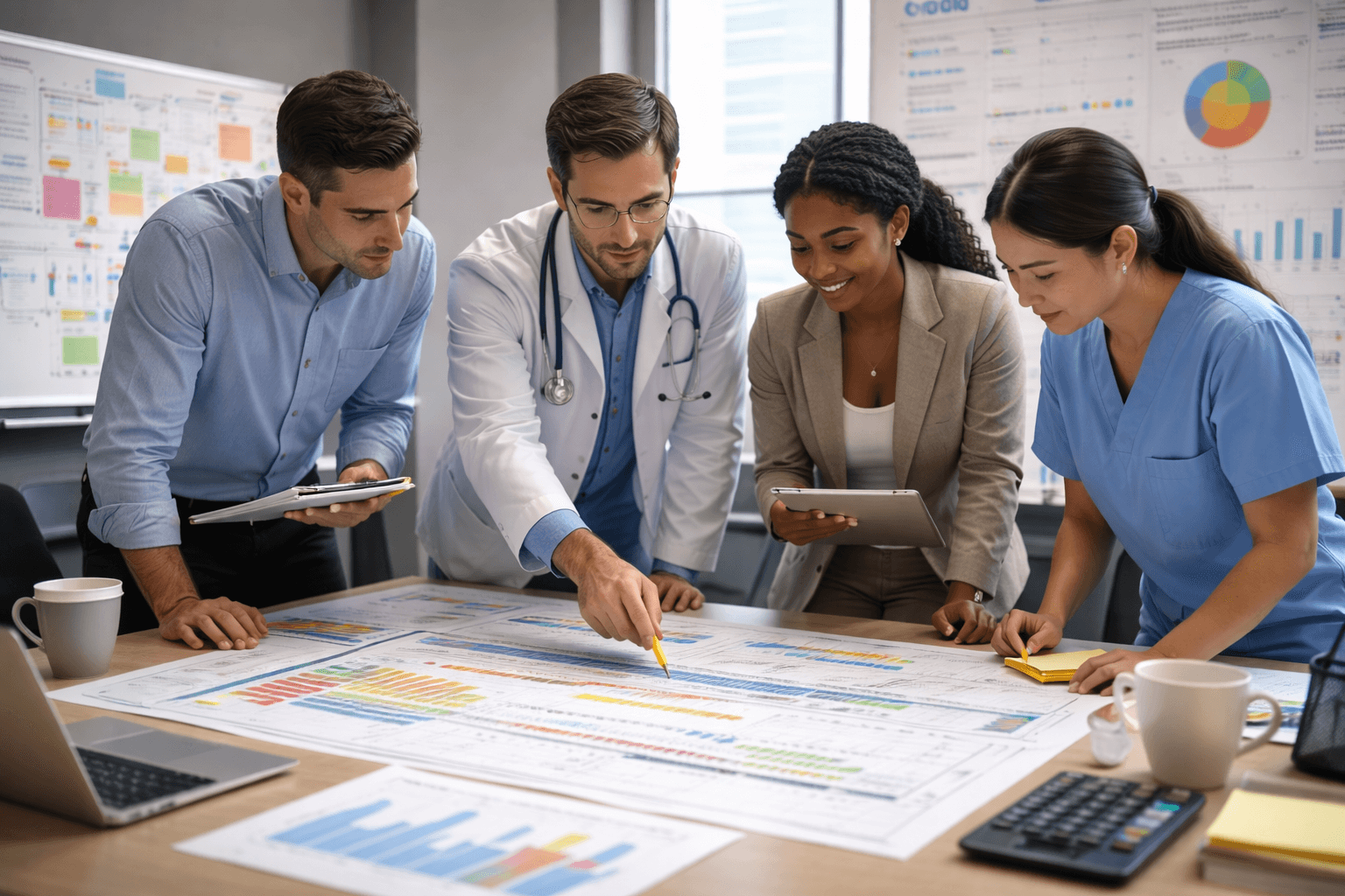 Diverse healthcare professionals analyzing colorful data charts spread across a large office table.