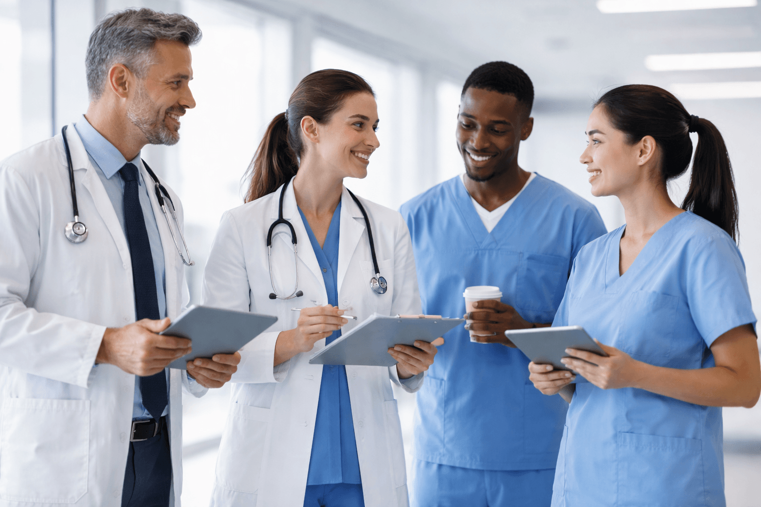 Diverse medical professionals smiling and collaborating in a bright hospital hallway with tablets and clipboards.