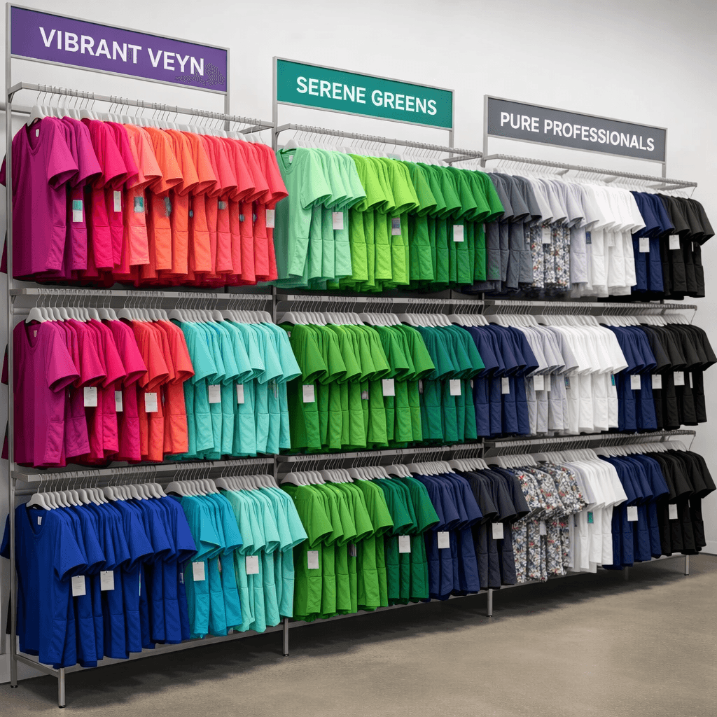 Colorful medical scrubs organized by shade on tiered racks in a retail store display.