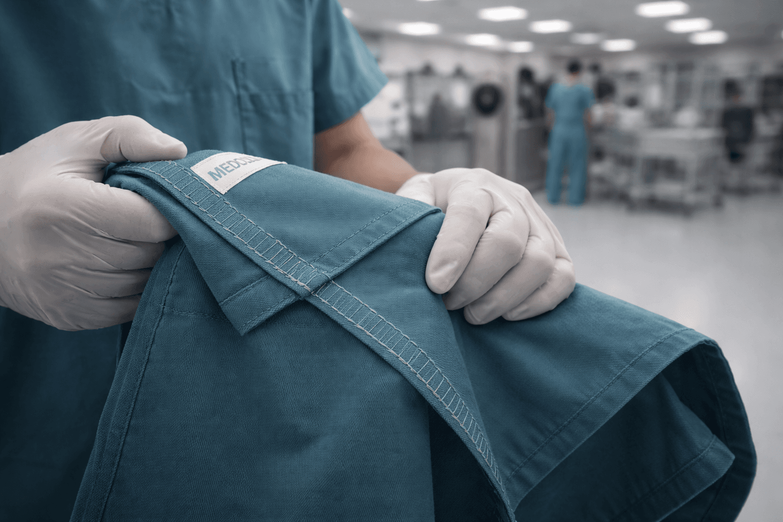 Gloved hands holding teal medical scrubs with a white label in a sterile facility.