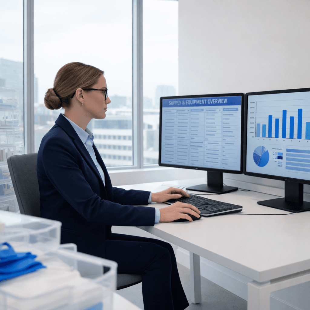 Professional woman in a suit analyzes data on dual monitors in a modern city office.