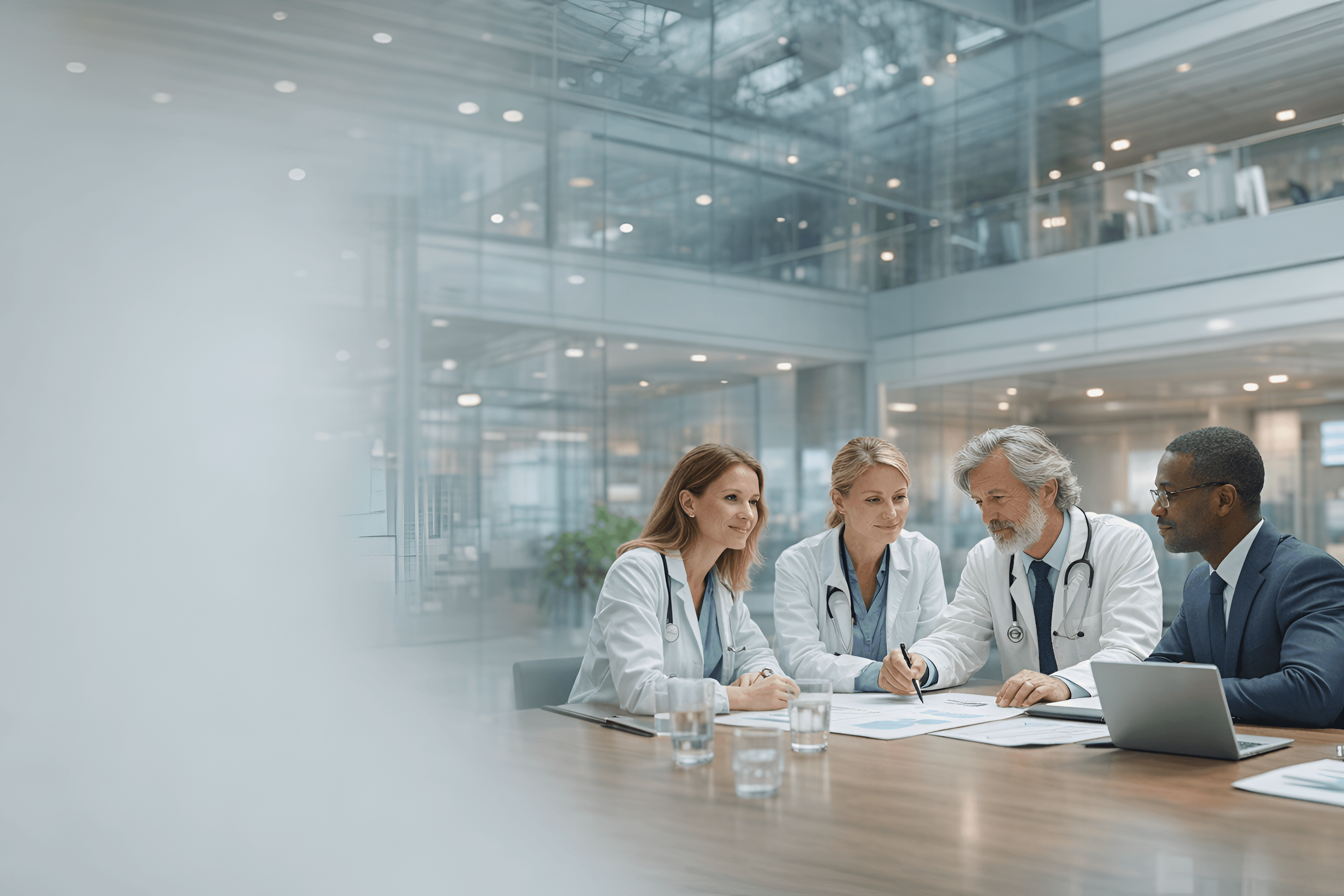 Three doctors and a businessman collaborating over paperwork in a bright, modern medical facility.