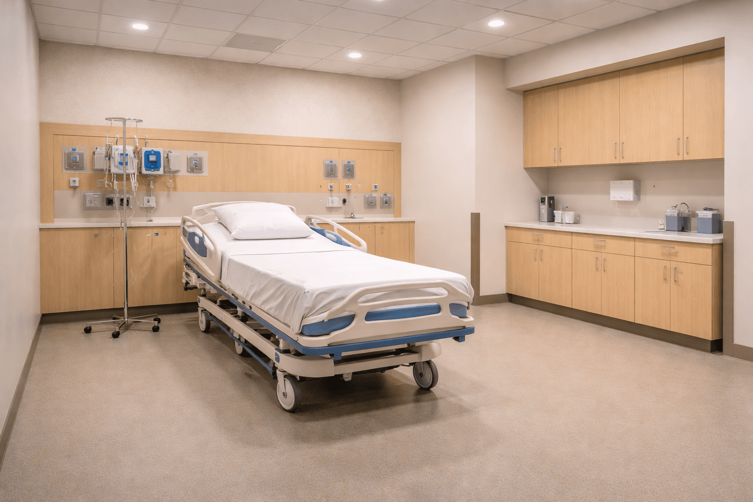 Modern hospital room with an adjustable bed, medical equipment, and light wood storage cabinets.