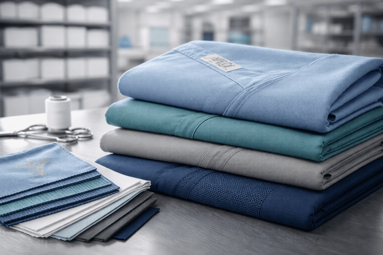 Stacked medical scrubs in various colors on a metal table with swatches and scissors.