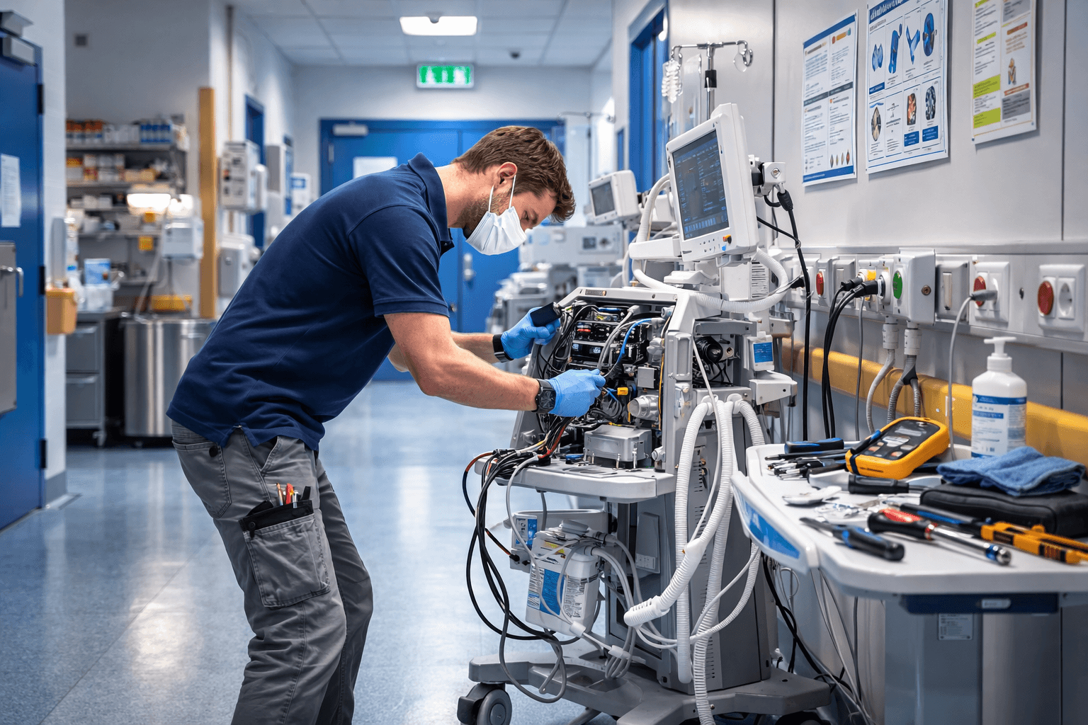 Masked technician in blue gloves repairs complex medical equipment in a bright hospital hallway.