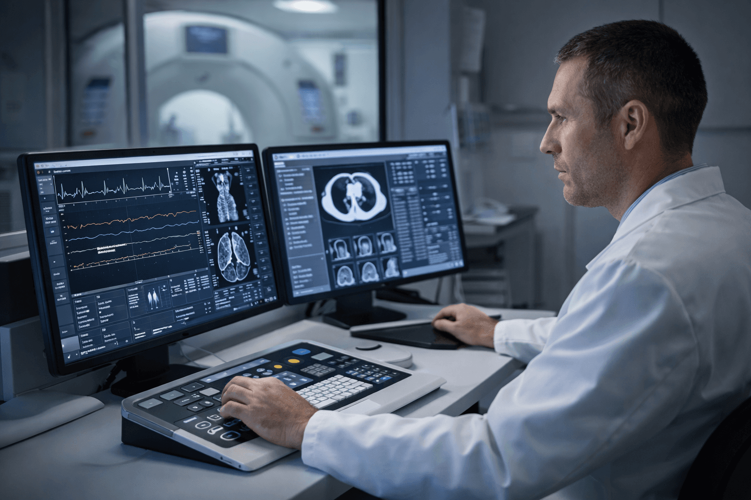 A medical professional analyzes brain and chest scans on dual monitors in a radiology lab.