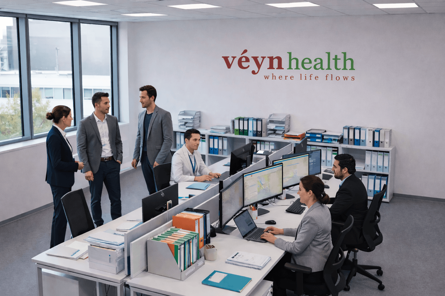 Professionals working at desks and talking in a modern office with véyn health branding.