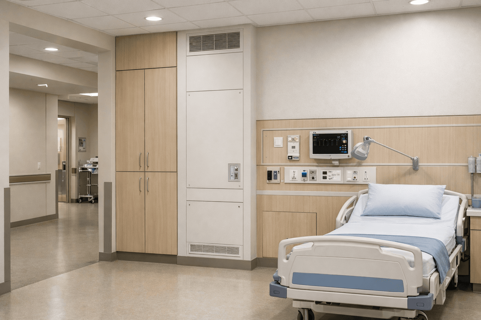 Modern hospital room with a patient bed, medical equipment, and light wood storage cabinets.
