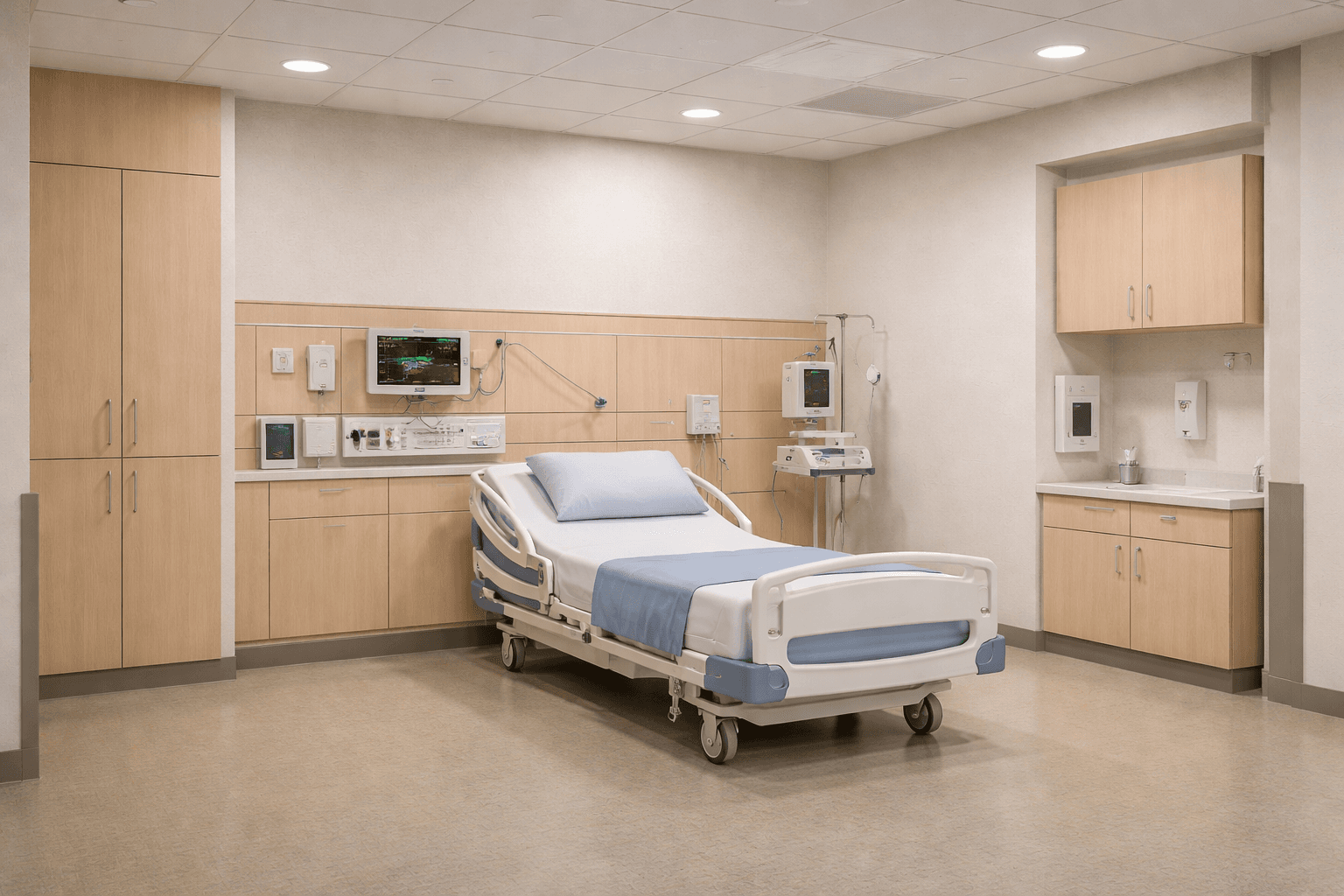 Modern hospital room featuring a single bed, medical monitors, and light wood storage cabinets.