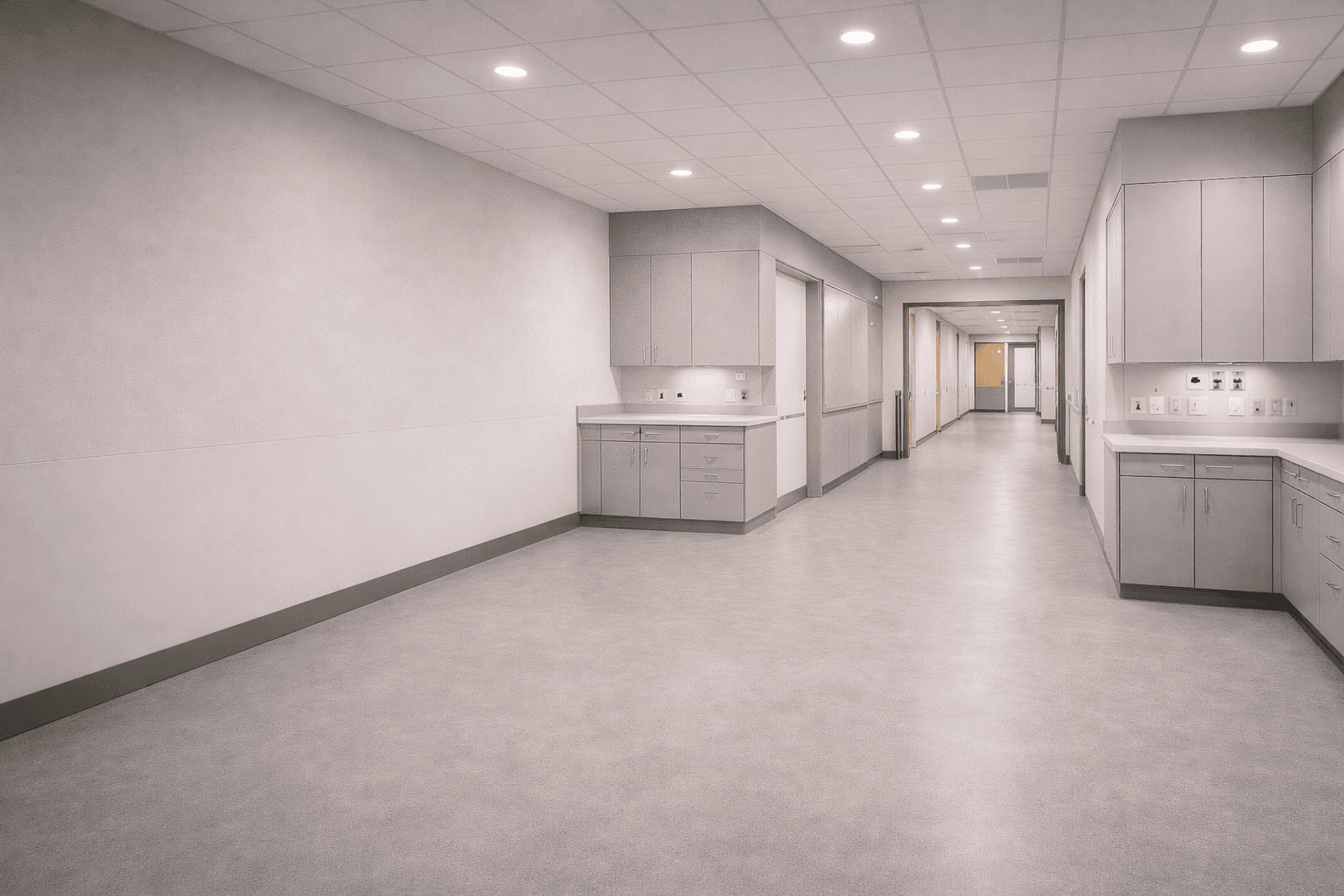 Empty medical facility hallway with grey cabinets, white walls, and bright recessed ceiling lights.