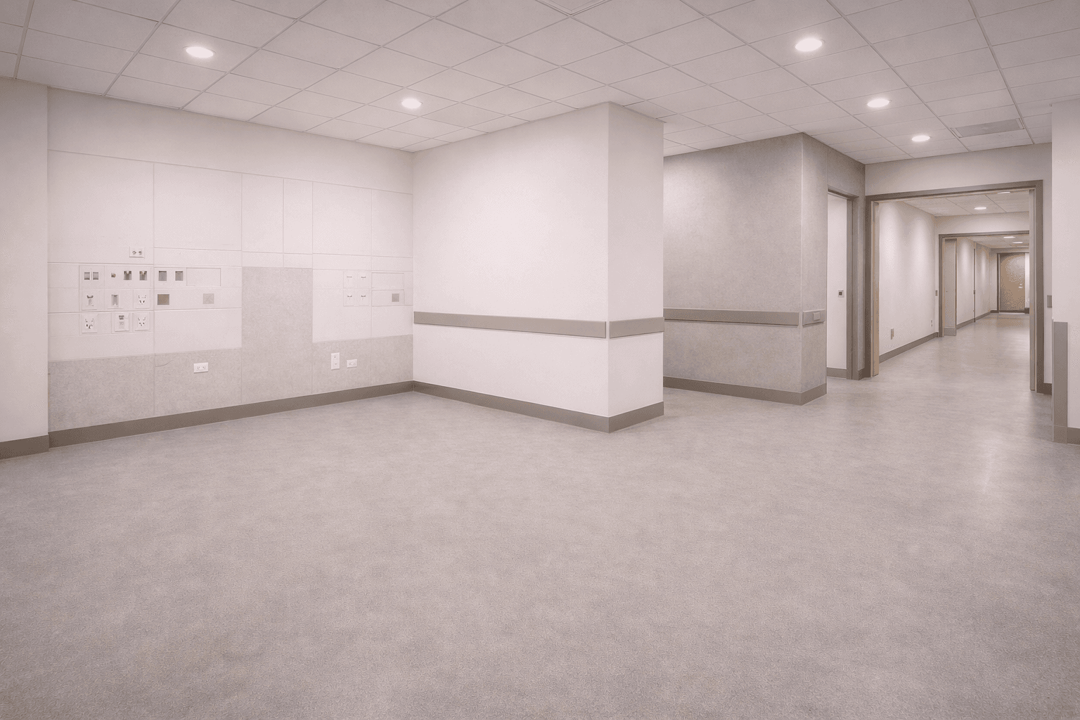 Empty hospital room with white walls, medical ports, and a long hallway in the background.
