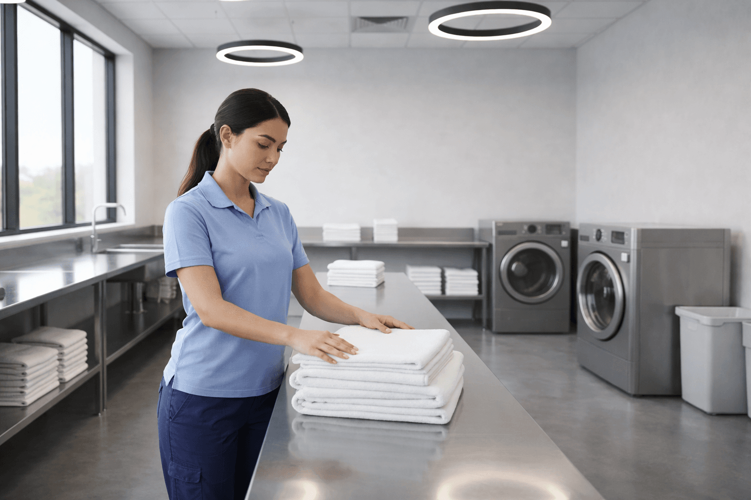 Woman in a blue uniform stacks fresh white towels in a modern laundry room.