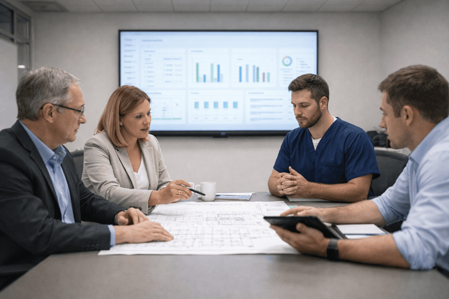 Four professionals review architectural blueprints in a conference room with data charts on a screen.