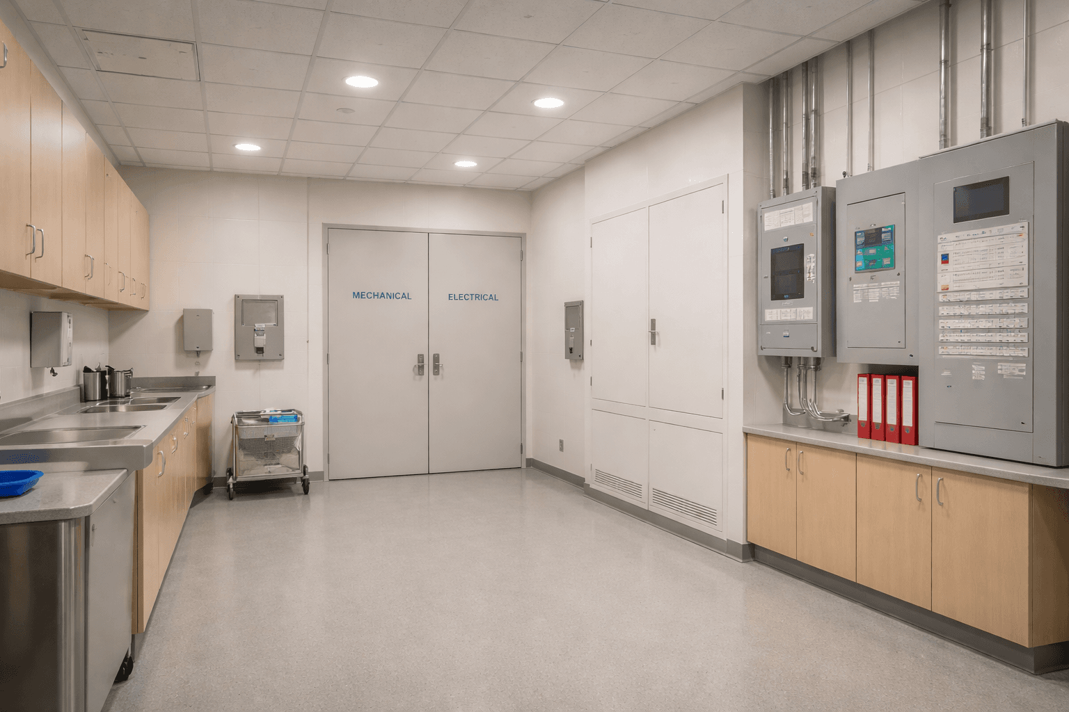 Clean utility room with stainless steel sinks, labeled mechanical doors, and industrial electrical panels.