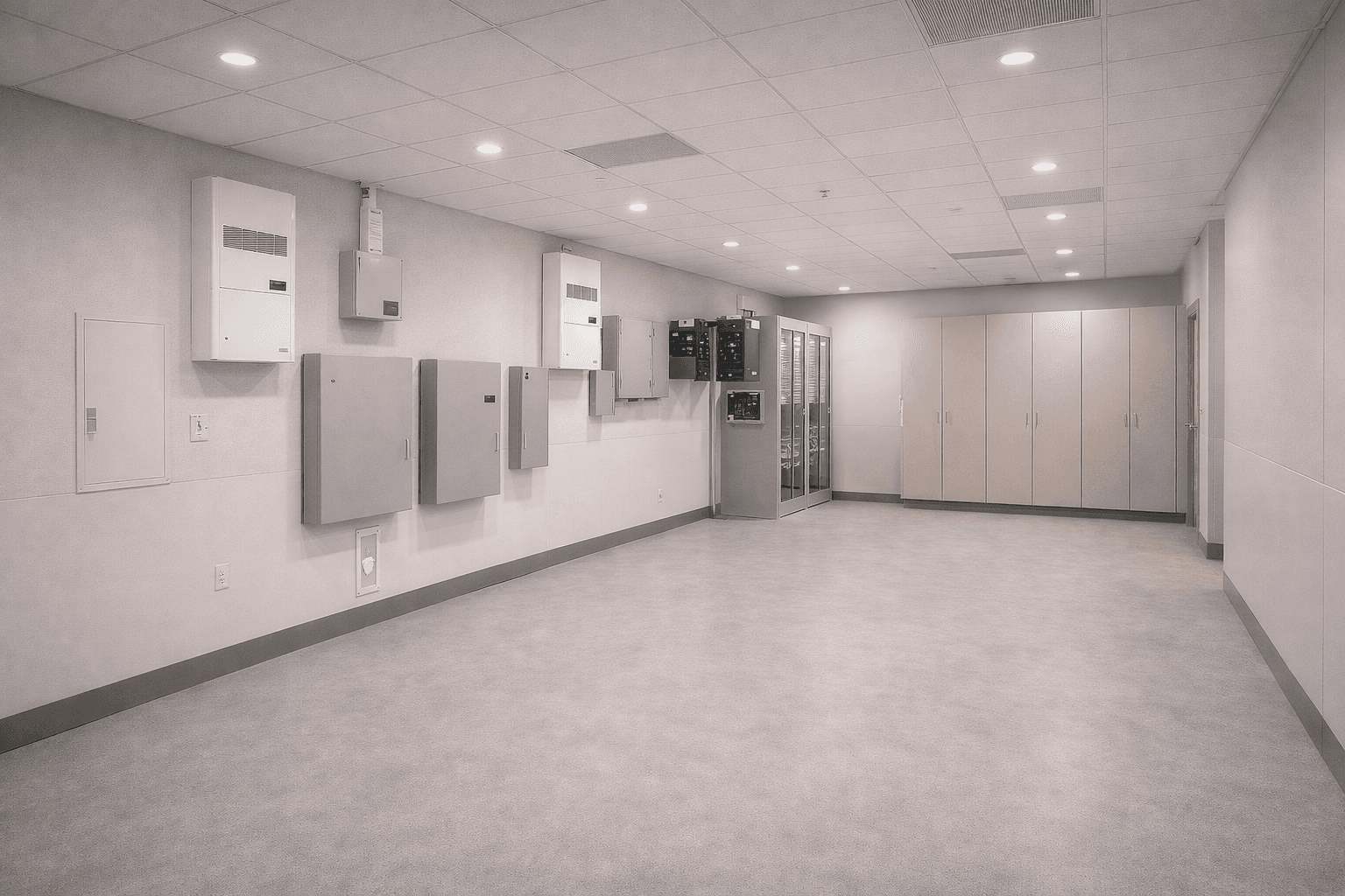 Clean utility room featuring wall-mounted electrical panels, server racks, and tall beige storage cabinets.
